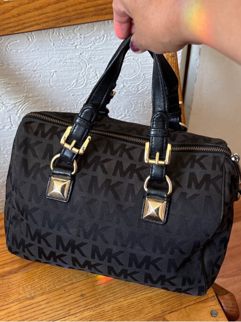 Michael Kors Grayson Signature Black & Gold MK Logo Satchel Bag